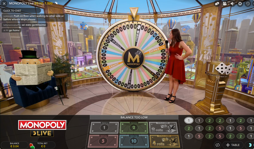 Croupier en direct et la roue de la fortune dans le jeu de casino en direct Monopoly.