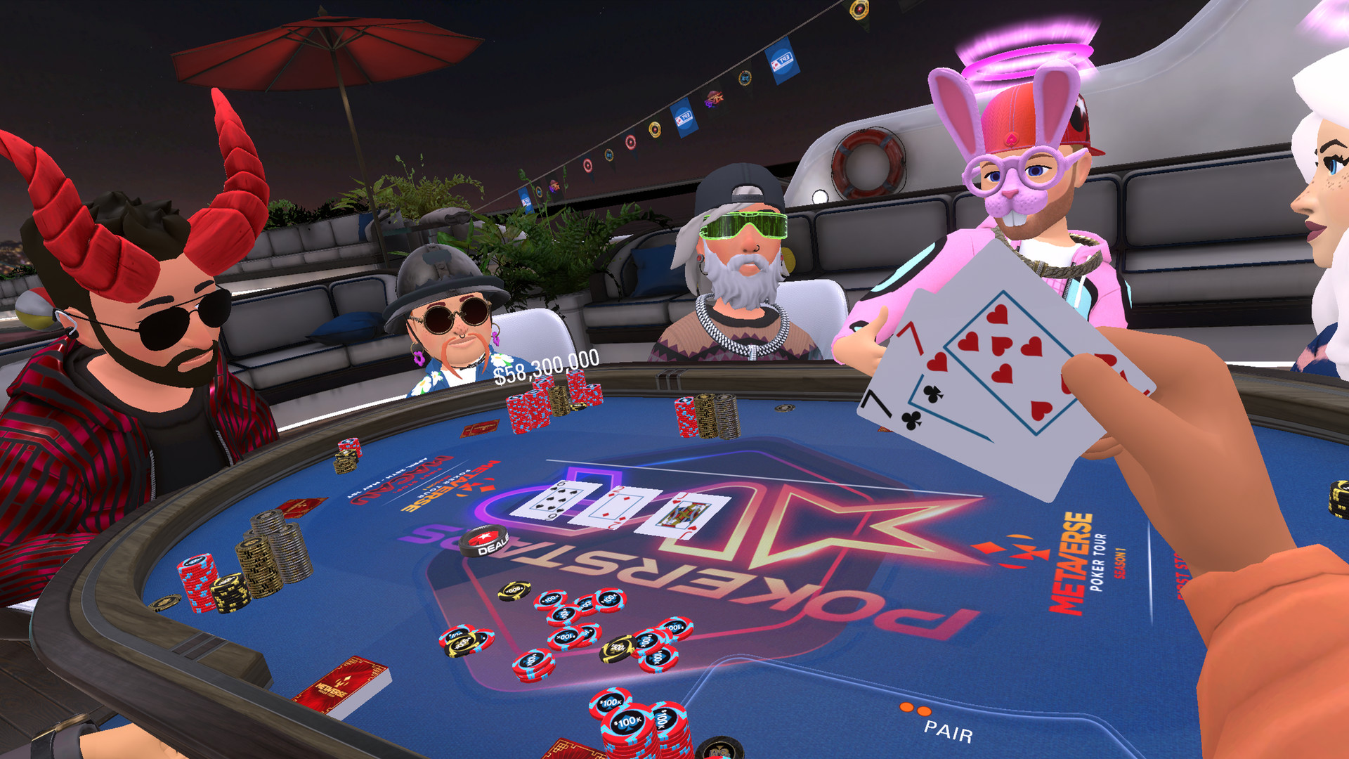 Capture d'écran: scène de jeu à la table de poker avec des avatars dans PokerStars VR