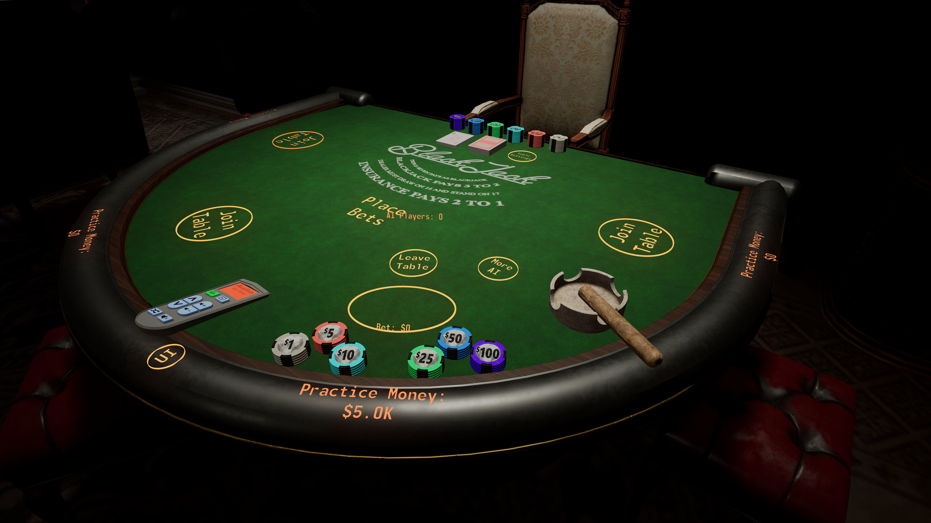 Capture d'écran: scène de jeu à la table de Blackjack dans Social Club VR: Casino Nights