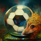 Un animal regarde une boule de verre avec un motif de football