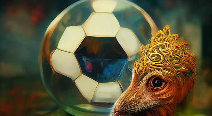 Un animal regarde une boule de verre avec un motif de football